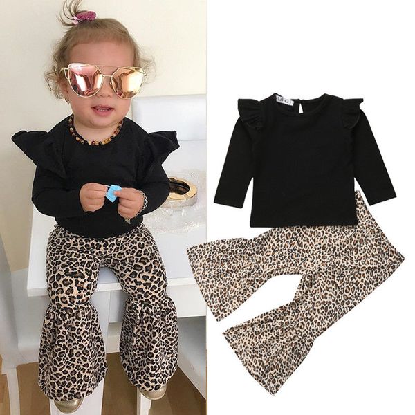 

Toddler Baby Girls Fashion Pretty Clothes 2PCS Long Sleeve Ruffles Black Pullover Tops+Leopard Print Flare Pants 6M-5Y
