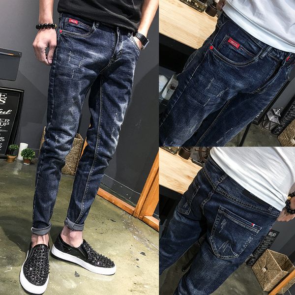 

wholdesale 2019 spring autumn stretch trousers jeans men's slim skinny jeans hombre denim thin black full length casual pants, Blue