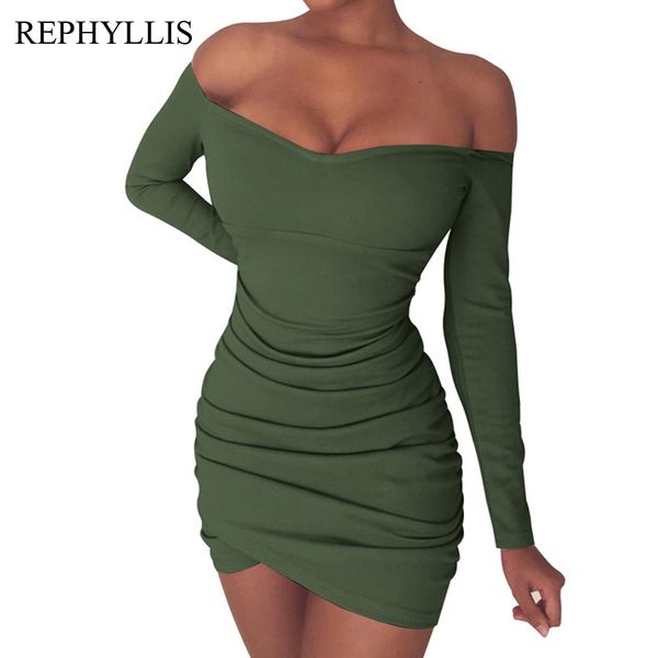 

rephyllis ladies night out club casual pleated dress women off shoulder long sleeve backless bodycon pencil mini dress, Black;gray
