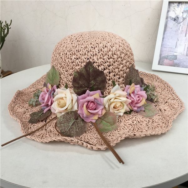 

women's hipster crochet flower sun holiday beach sun big straw straw hat edge hat, Blue;gray