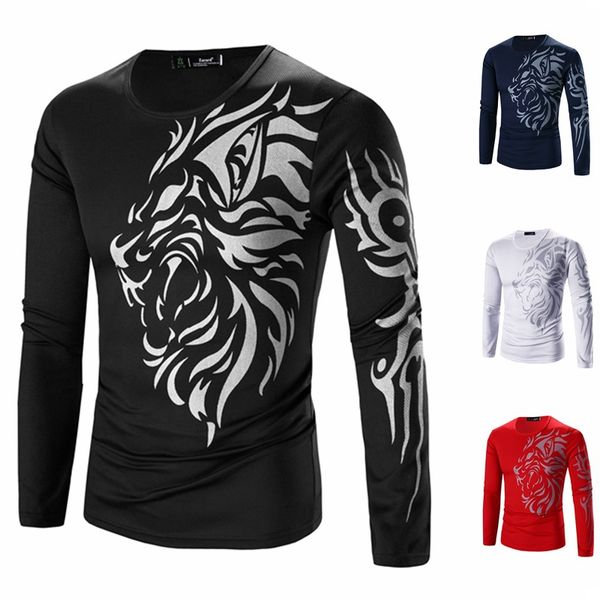 

mens autumn winter casual long sleeve slim t shirt men o neck tattoo faucet print quick dry streetwear male tees, White;black