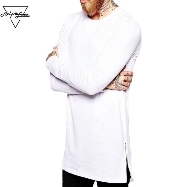 

Aelfric Eden Street Wear Fashion Men Casual T Shirt Long Sleeve Oversize T -Shirt Man Curve Hem Side Zip Hip Hop Cotton Top Tees