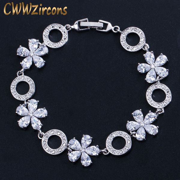 

cwwzircons sparkling cubic zirconia setting round flower shape fashion bridal wedding bracelet jewelry for women cb034, Black