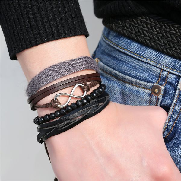 

if me vintage multilayer beads infinity leather bracelets set for men women rope weave braided bracelet fashoin jewelry 2019 new, Golden;silver