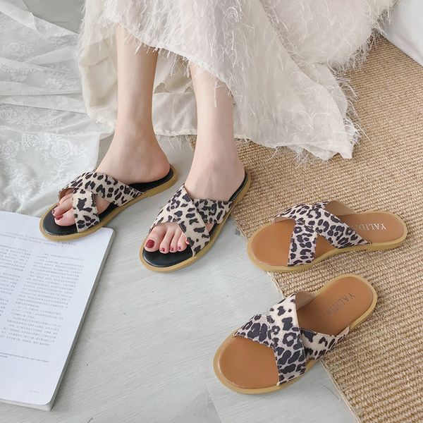 

shoes women lady womens slippers outdoor luxury slides low pantofle soft girl leopard flat designer 2020 pu basic cross-tied, Black