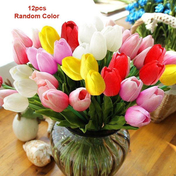 

12pcs bouquets wedding fake tulip office mini gift pu party random color artificial flower real touch bridal