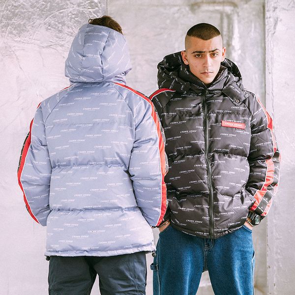 

men's cotton high street thickening winter cotton-padded clothes bid-rigging printing loose coat even hoodie, Black