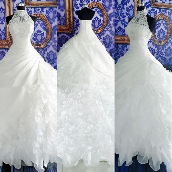 

2021 vintage wedding dresses a line formal bridal gowns high neck sleeveless lace appliques pearls chapel train organza ruffles tiered, White