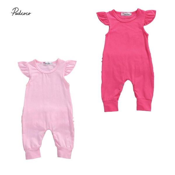 

2020 sweet 0-24m ruffle back infant baby girl romper summer new short sleeve pink solid jumpsuit playsuit cotton outfits, Blue