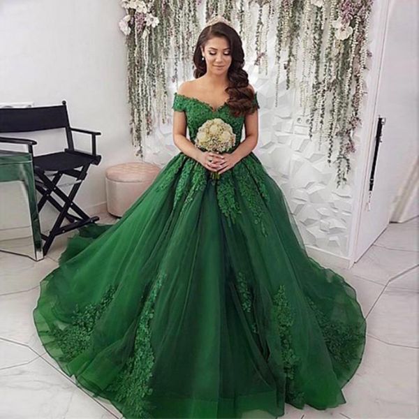 

green v-neck tulle with applique lace evening dresses 2020 sweep train prom dress ball gown robe de soiree, Black