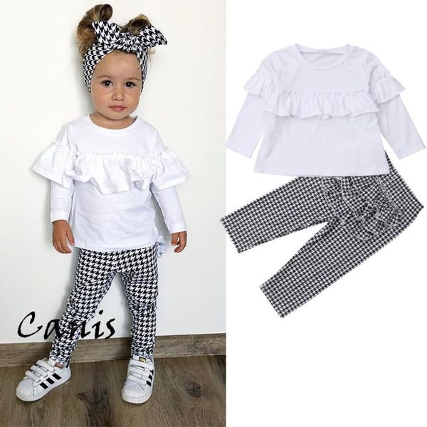

toddler kids baby girls 2pcs clothes ruffle t-shirt + plaids pants trousers outfits set, White