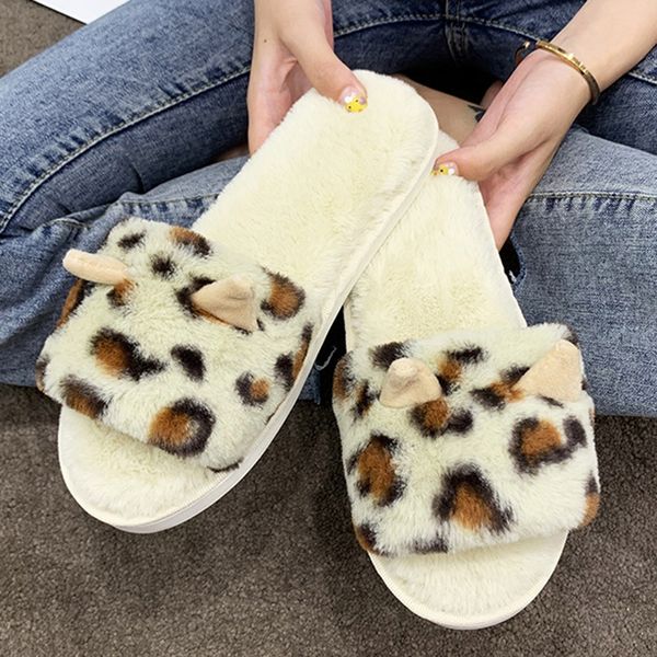 

women winter floor bedroom shoes leopard slippers slip-on anti-skid sole indoor casual keep warm home plush soft snow slippers, Black