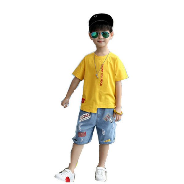 

3- 8 years old boy t-shirt&shorts two-piece set 2020 children's summer suit kids cotton short-sleeve and denim shorts, White