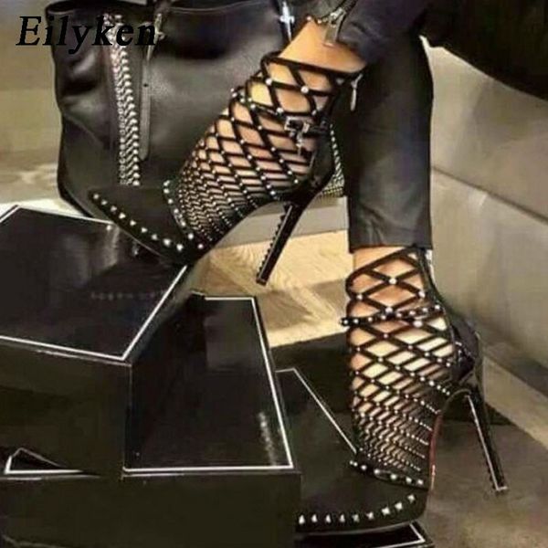 

eilyken 2020 gladiator sandals summer spring pointed toe rivets studded cut out caged ankle boots stiletto heel women shoes, Black
