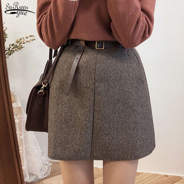 

2019 new fashion winter high waist plaid skirts womens solid casual vintage woolen mini women skirt a-line jupe femme 7445 50, Black