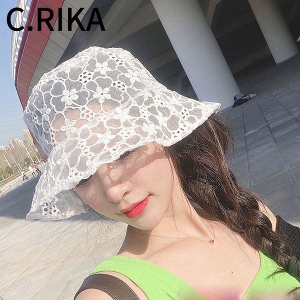 

korean women fashion lace flowers black bucket hat summer sun visor sun hats hollow out fishermen hat casual lady girls panama, Blue;gray