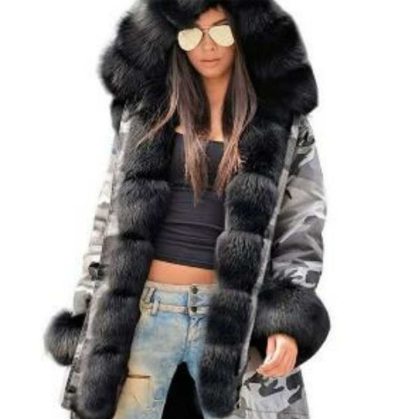 

2019 winter women's jacket thick warm big fur collar hooded jacket coat parkas female sintepon long hooded outwear, Black