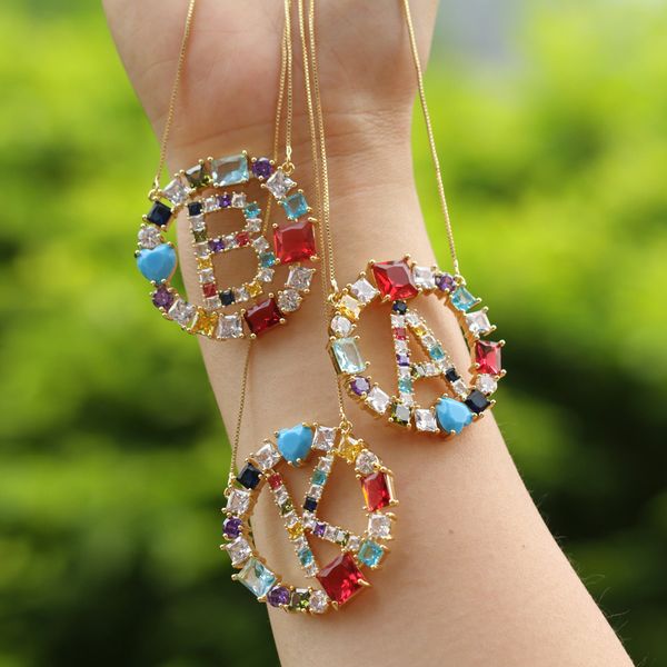 

1pcs style gold color micro pave rainbow cz cubic zirconia a-z initials letter pendant necklaces for women jewelry, Black