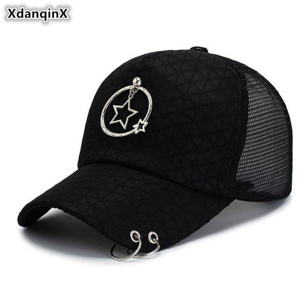 

xdanqinx new women's ponytail cap mesh breathable baseball caps adjustable size hoop ring decoration hip hop hat for women, Blue;gray