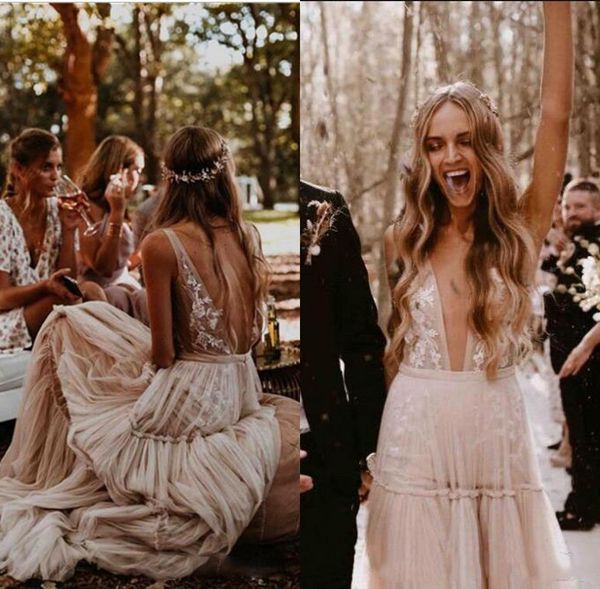 

nude champagne boho a line wedding dresses 2020 deep v-neck lace applique backless bridal gowns beach vestido de noiva bridal gowns, White