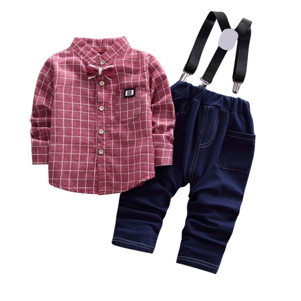 

casual baby boys clothes set autumn gentleman suit for boys cotton plaid long sleeve shirts overalls pants 2pcs suit outfits, White