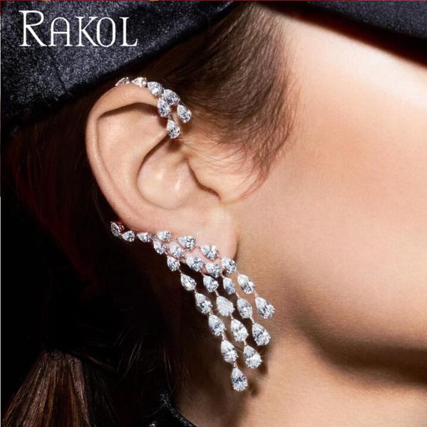 

rakolnew mosaic cubic zirconia white women's earrings long ear bone clip party dress accessories anniversary gift re0149, Silver