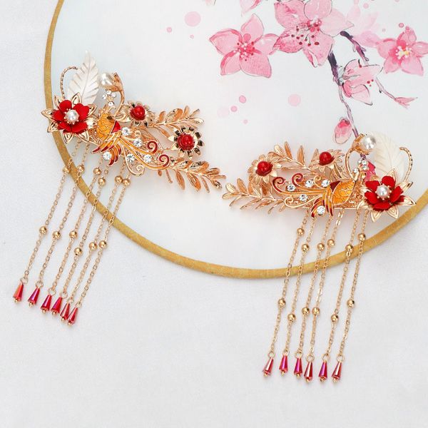 

vintage chinese hair jewelry bride leaf flower hair clips tassel hairpins chinese headpiece antique wedding accessories vl, Golden;white