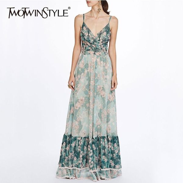 

twotwinstyle patchwork print dresses women v neck sleeveless high waist maxi pleated dress female casual fashion 2019 summer, Black;gray