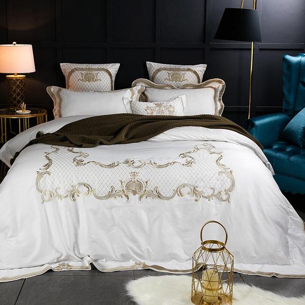 

34 80s египетский хлопок белый золотой вышивки комплект постельных принадлежностей  king size пододеяльник постельное белье простыня на