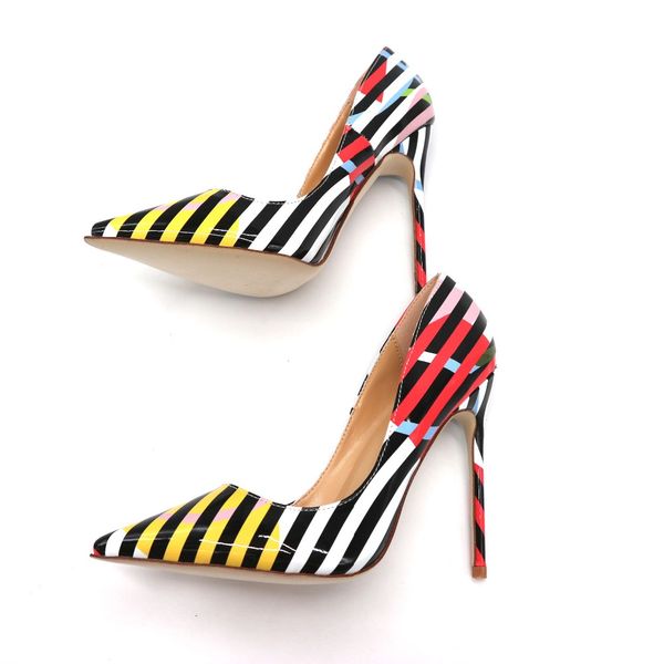 

2020 fashion wedding lady women stripe graffiti print leather poined toes high heeled heels stiletto shoes pumps