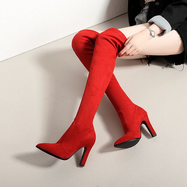 

new style female autumn winter thigh high boots stretch flock high heels women over the knee botas mujer shoes plus size 34-43, Black