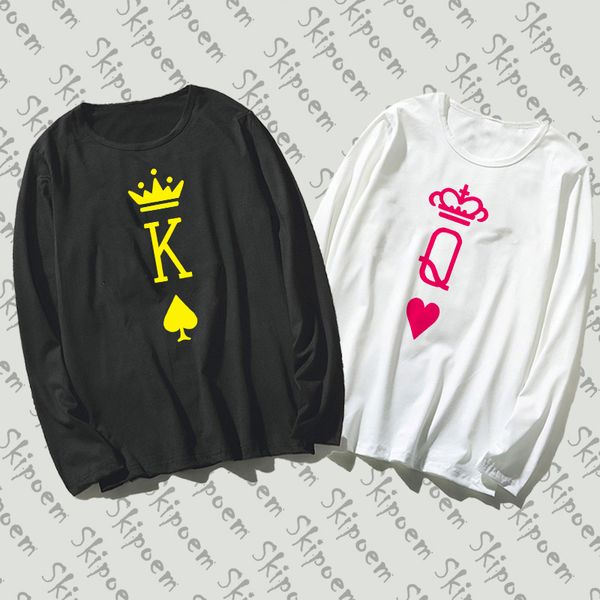 

2019 чистый хлопок футболка пара костюм король и королева art printed long sleeve tops вскользь tees марка мужская одежда, White
