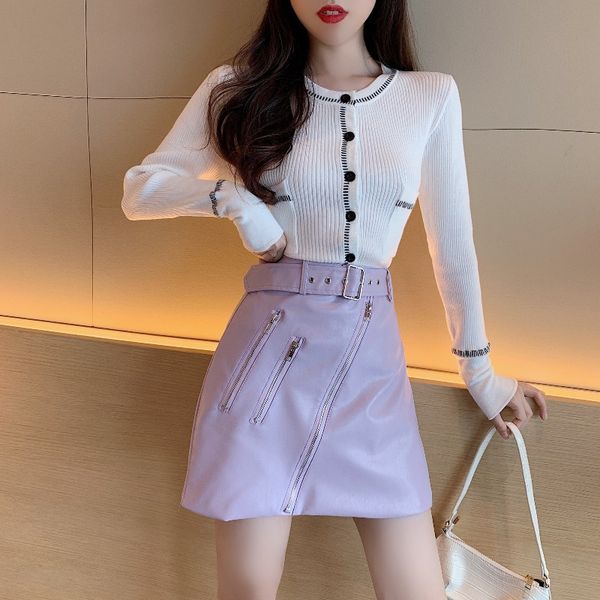 

мода дизайн sense эластичного трикотажного кардиган топ высокой талией тонкий прохладный молния pu кожа юбка дамский костюм женский, Black