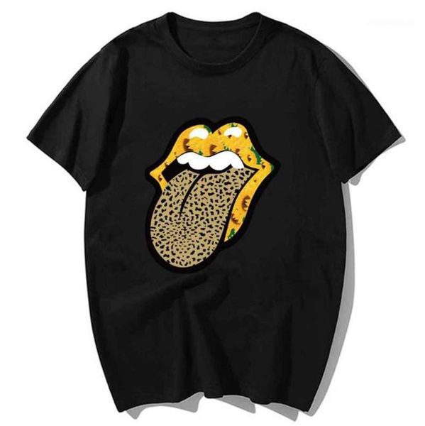 

womens tshirts fashion solid color short sleeve loose tees casual pullover for women leopard tongue printed, White