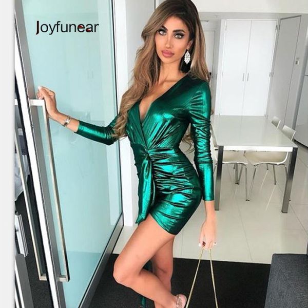

joyfunear 2019 spring solid draped sashes mini dresses women long sleeve v neck bodycon dress elegant clubwear party dress, Black;gray
