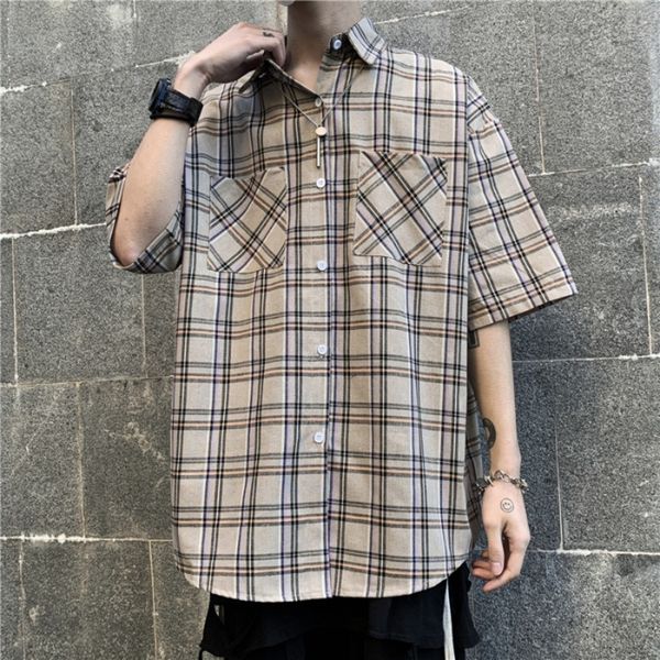 

summer plaid shirt men's fashion cotton retro casual shirt men streetwear wild loose short sleeve shirts mens dress, White;black