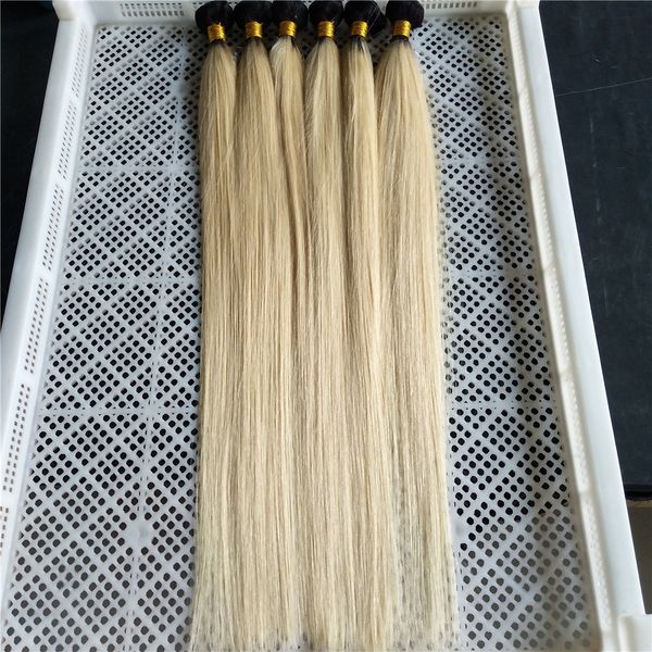 Brazlian Virgin Human Hair Weave Ombre Platinum Blonde Dark Roots