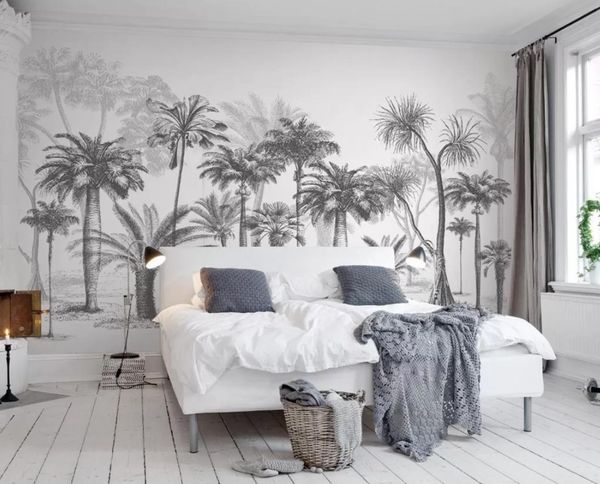 

wallpaper black white sketch tropical leaf mural rainforest coconut tree nordic wall paper for tv sofa background 3d wallpaper