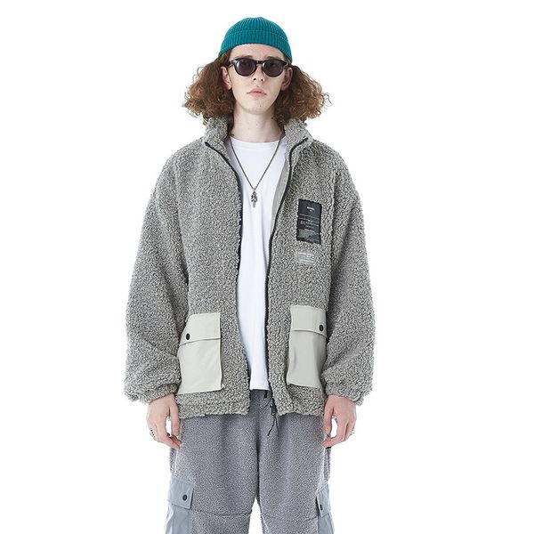 

winter new stand collar labeling pocket stitching lamb wool coat casual loose jacket parkas, Black