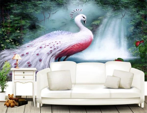 Papel de parede 3D personalizado pintado à mão de manhã cedo floresta cachoeira mural branco pavão papel de parede sofá fundo da parede