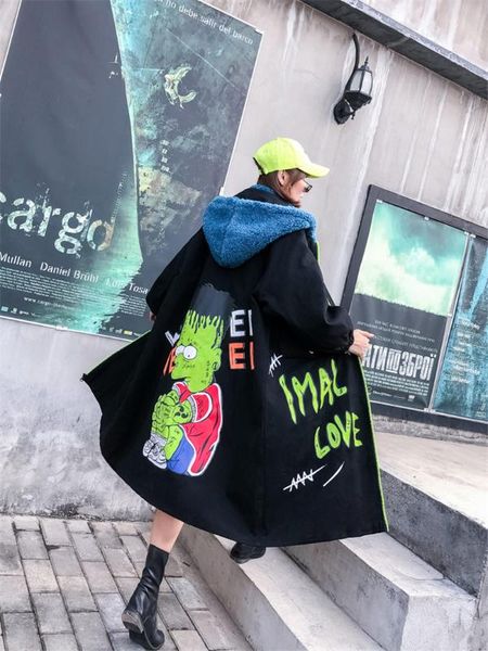 

harajuku trendy padded cotton denim jacket female new korean hit color lamb wool hat printing graffiti long windbreaker f2700, Tan;black