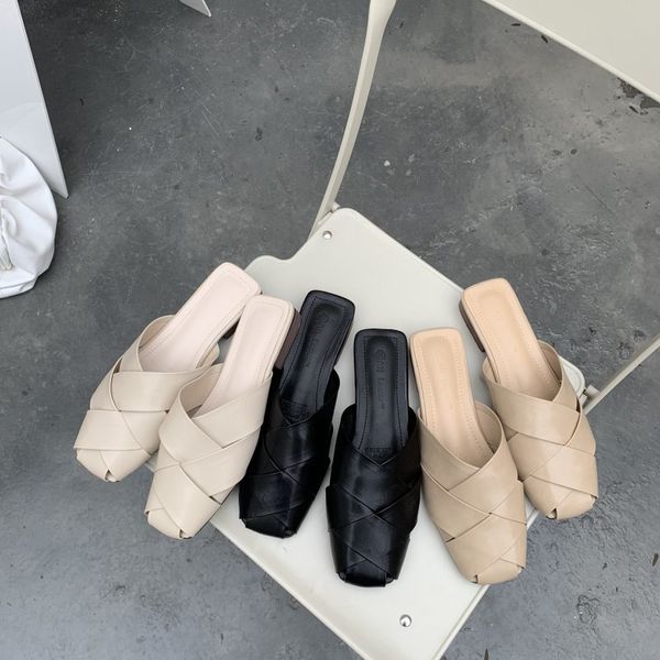 

shoes square heel woman's slippers low cover toe luxury slides shose women soft block 2020 flat designer rome basic fabric pu, Black