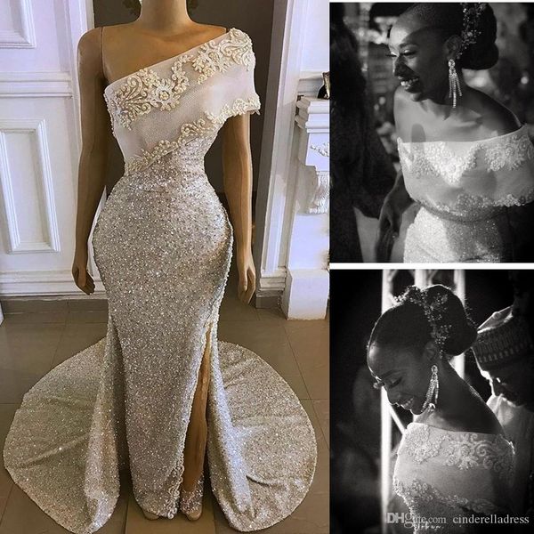 

2020 sexy silver split side high prom dresses одно плечо русалка cap рукава вечерние платья блестками жемчуг театрализованное платье, Black