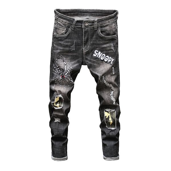 

ripped jeans for men fashionable hip-hop slim fit jeans streetwear skull embroidery washed hole destroyed black jogger, Blue