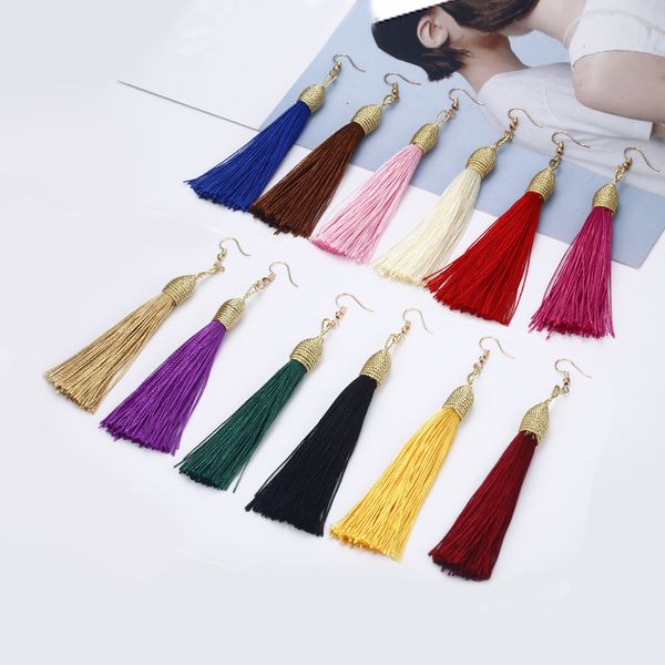

2019 new handmade tassel earrings trendy bohemian black red 11 colors long dangles vintage tassel earrings for women, Silver