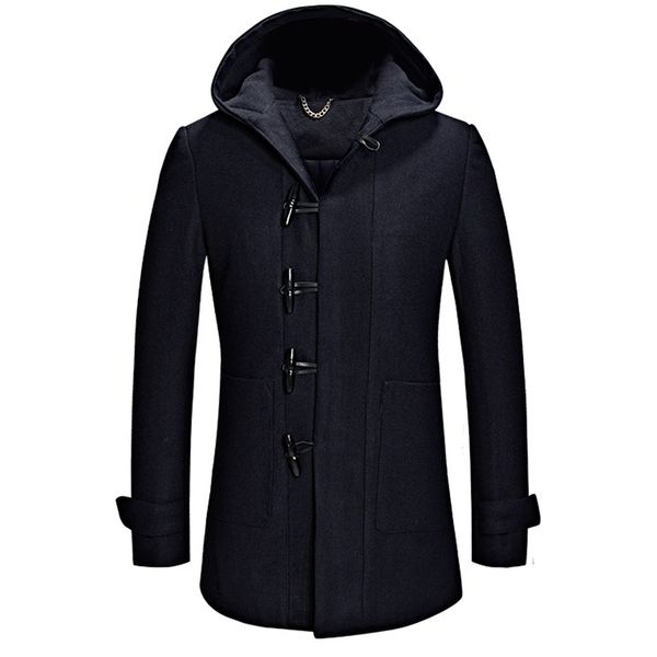 

мода черный и синий с капюшоном шерстяное пальто мужчины +2017 brand new однобортный mens winter long тренчкот плюс размер m-xxxl, Black