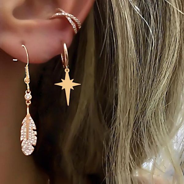 

3pcs/set crystal star feather earrings female gold new fashion bohemian earrings pendant jewelry hot, Silver