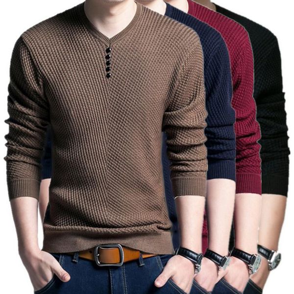

laamei fashion solid sweater men casual v-neck button pullover autumn slim fit long sleeve mens knitted sweaters plus size 4xl, White;black