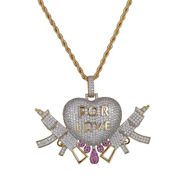 La più recente pistola a goccia a forma di cuore per amore, collana con ciondolo ghiacciato da uomo con catena in corda, gioielli color argento oro hip-hop