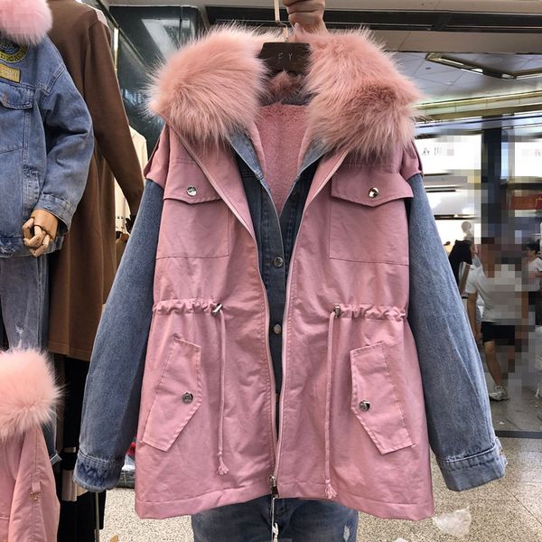 

cowboy parka coat women's 2019 winter new thickened workwear cotton padded jacket female removable liner denim stitched coats, Black